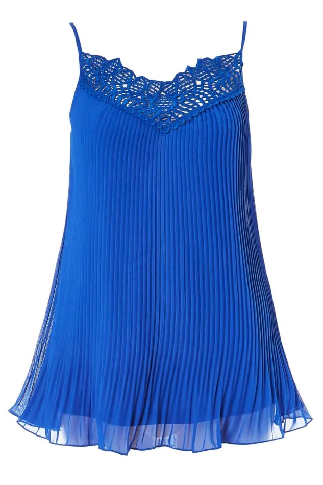 Royal Blue Pleated Lace Trim Cami Top Women Roman Tops