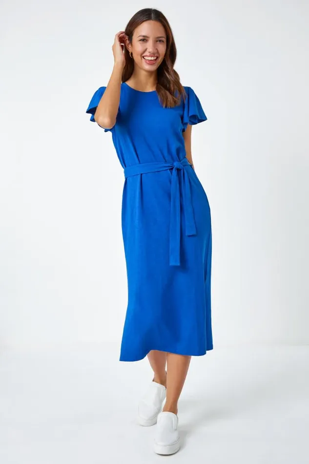Royal Blue Ruffle Sleeve Belted Cotton Midi Dress Women Roman Dresses