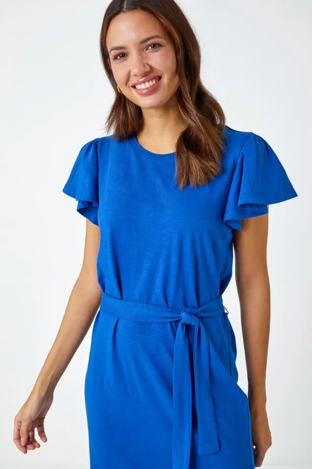 Royal Blue Ruffle Sleeve Belted Cotton Midi Dress Women Roman Dresses