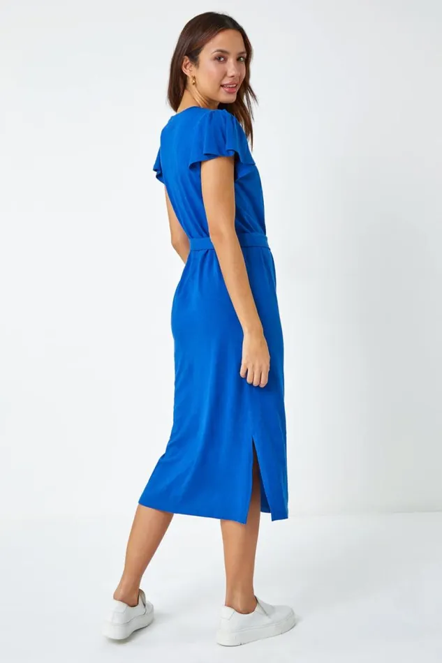 Royal Blue Ruffle Sleeve Belted Cotton Midi Dress Women Roman Dresses