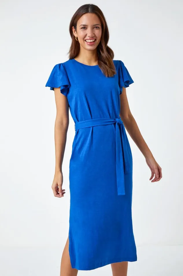 Royal Blue Ruffle Sleeve Belted Cotton Midi Dress Women Roman Dresses