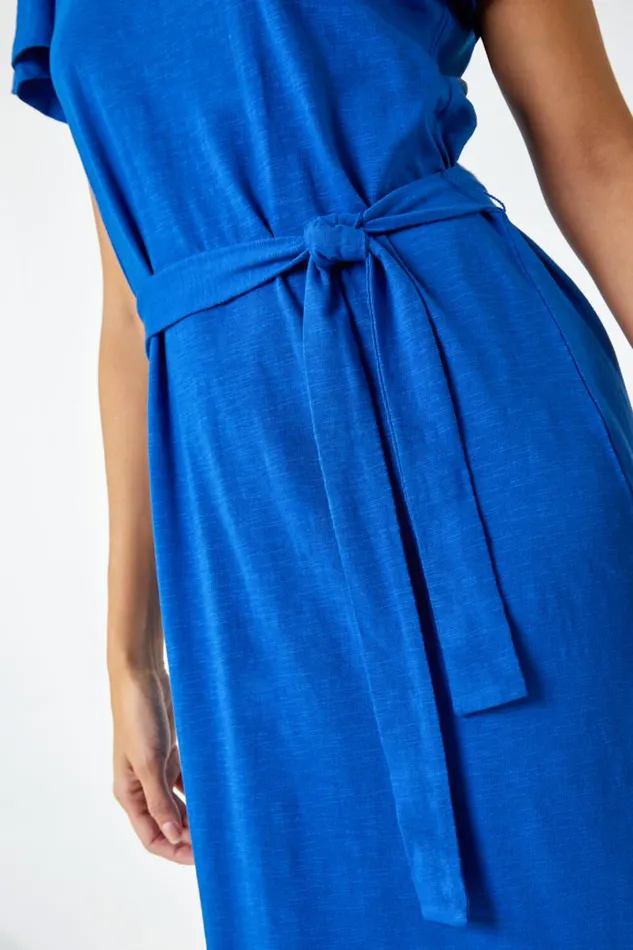 Royal Blue Ruffle Sleeve Belted Cotton Midi Dress Women Roman Dresses