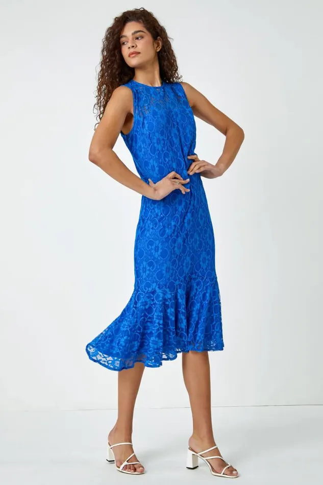 Royal Blue Sleeveless Frill Hem Lace Midi Dress Women Roman Dresses