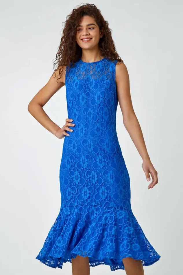 Royal Blue Sleeveless Frill Hem Lace Midi Dress Women Roman Dresses