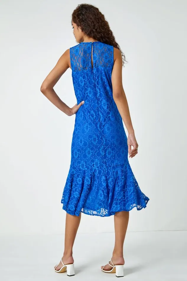 Royal Blue Sleeveless Frill Hem Lace Midi Dress Women Roman Dresses