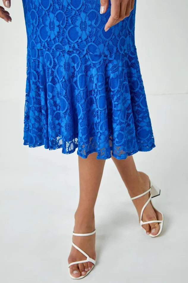 Royal Blue Sleeveless Frill Hem Lace Midi Dress Women Roman Dresses