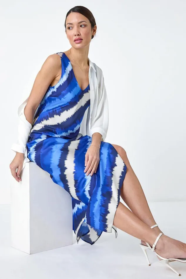 Royal Blue Stripe Print Satin Midi Slip Dress Women Roman Dresses
