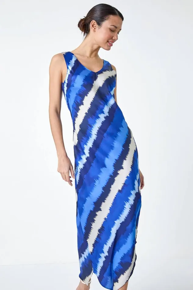 Royal Blue Stripe Print Satin Midi Slip Dress Women Roman Dresses