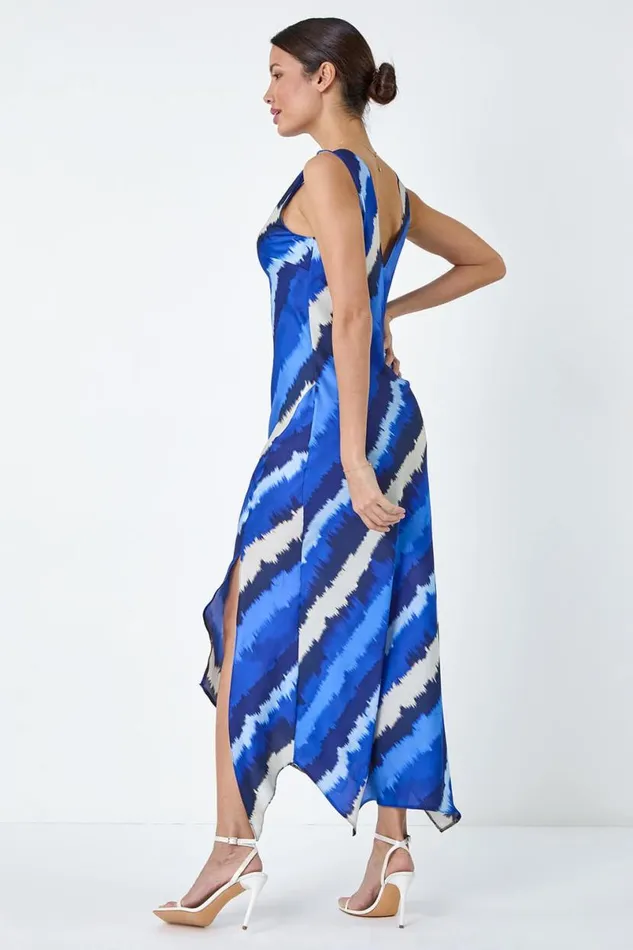 Royal Blue Stripe Print Satin Midi Slip Dress Women Roman Dresses