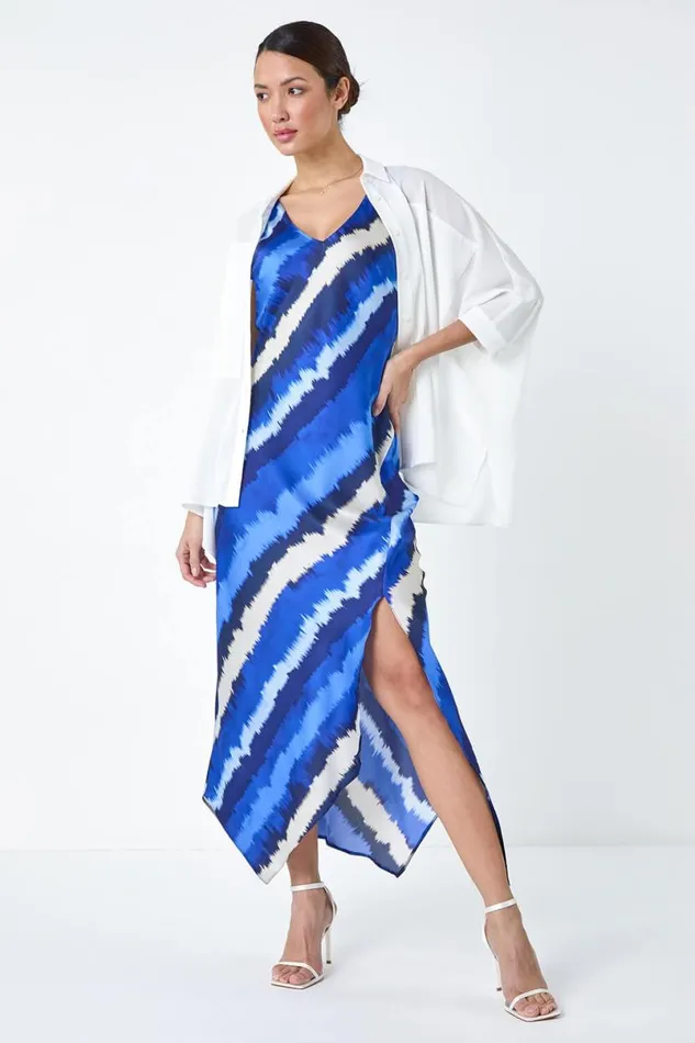 Royal Blue Stripe Print Satin Midi Slip Dress Women Roman Dresses
