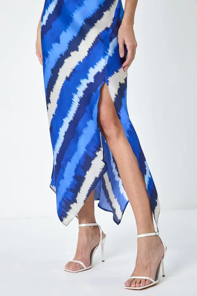 Royal Blue Stripe Print Satin Midi Slip Dress Women Roman Dresses