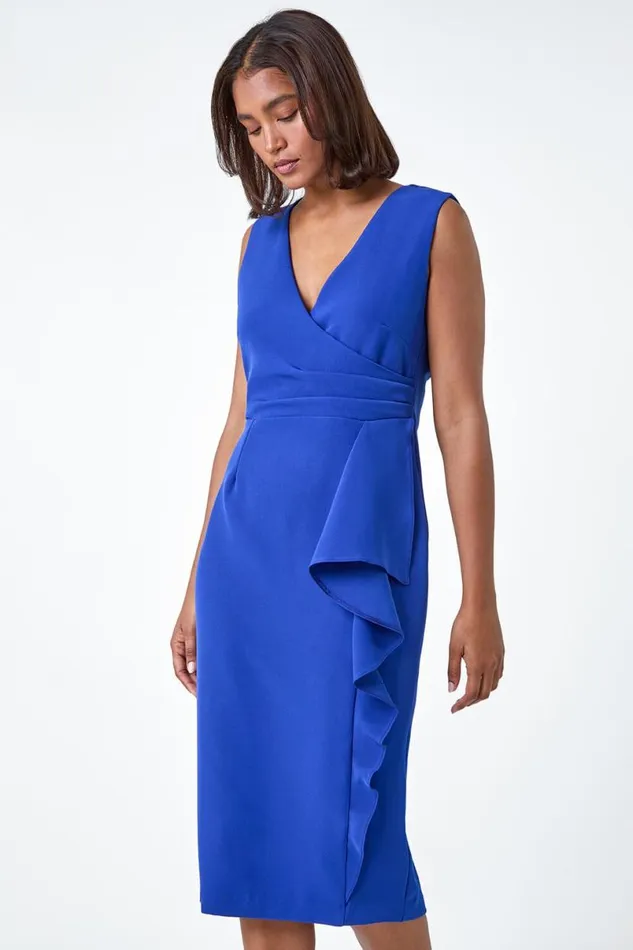 Royal Blue Wrap Draped Crepe Stretch Dress Women Roman Dresses