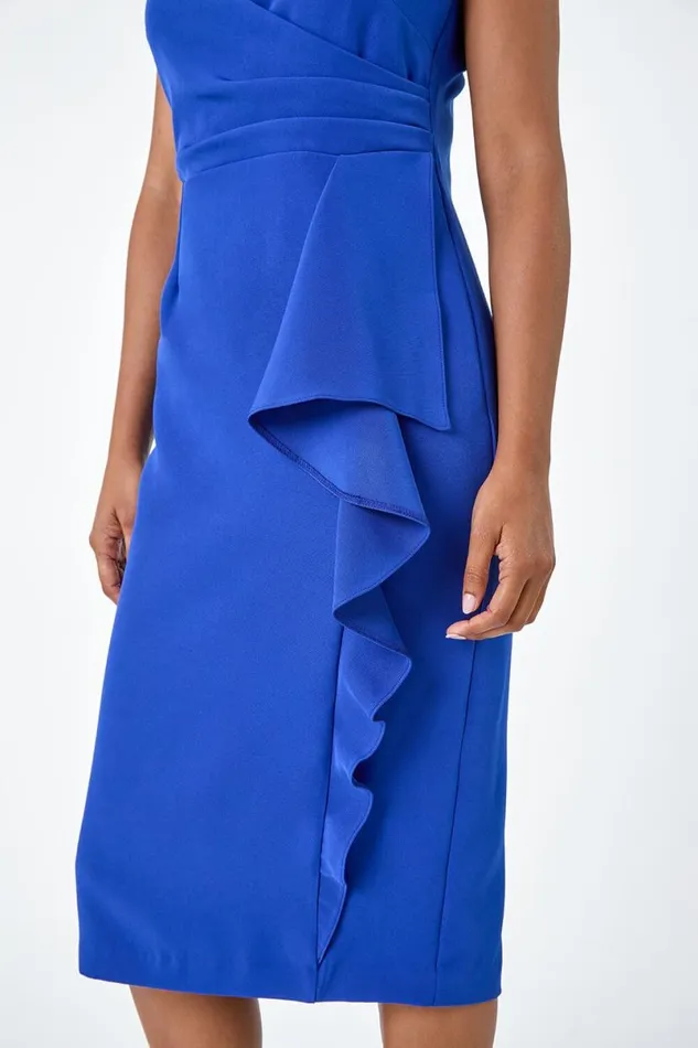 Royal Blue Wrap Draped Crepe Stretch Dress Women Roman Dresses