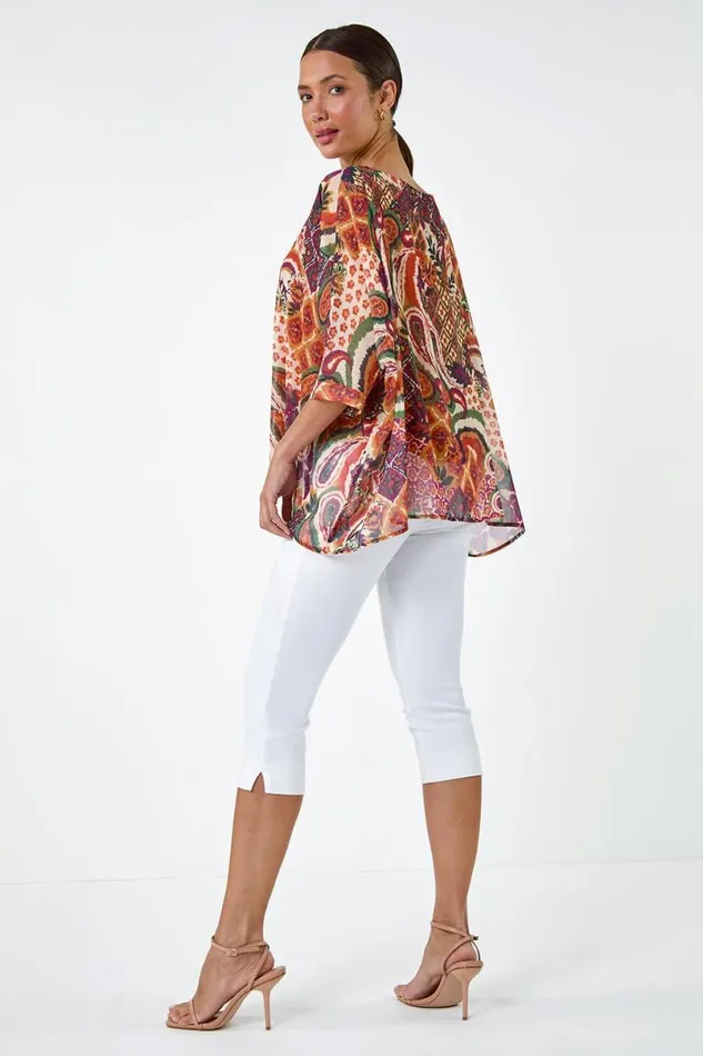Rust Aztec Print Chiffon Overlay Top Women Roman Tops