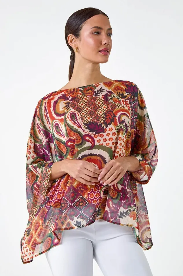 Rust Aztec Print Chiffon Overlay Top Women Roman Tops