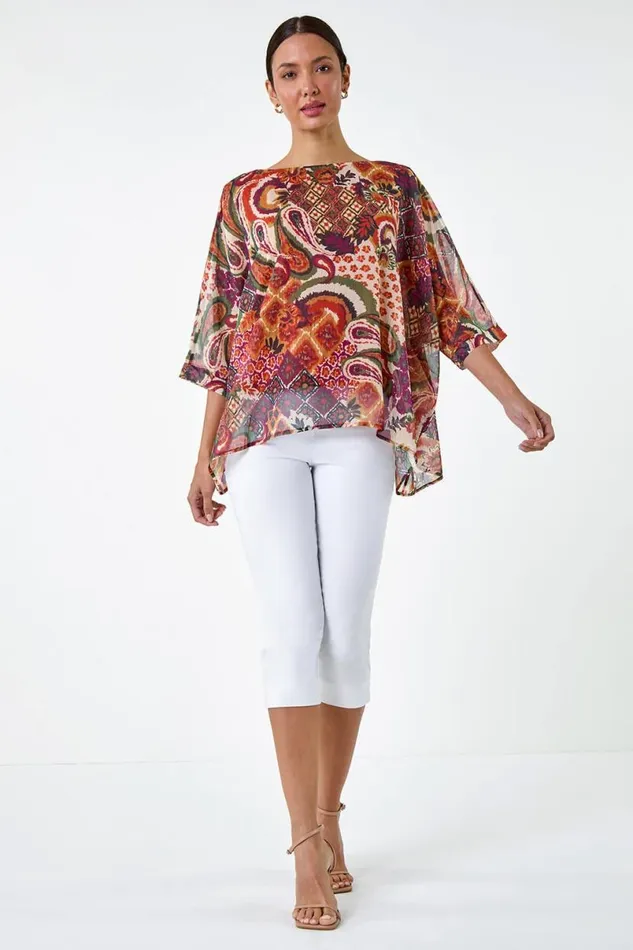 Rust Aztec Print Chiffon Overlay Top Women Roman Tops
