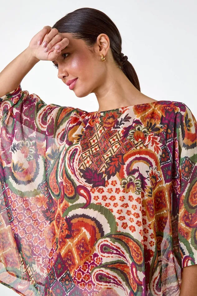 Rust Aztec Print Chiffon Overlay Top Women Roman Tops