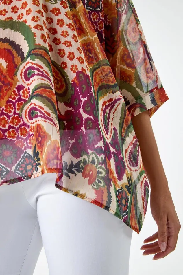 Rust Aztec Print Chiffon Overlay Top Women Roman Tops