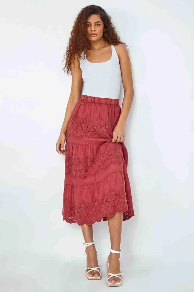Rust Broderie Elastic Waist A Line Tiered Midi Skirt Women Roman Skirts