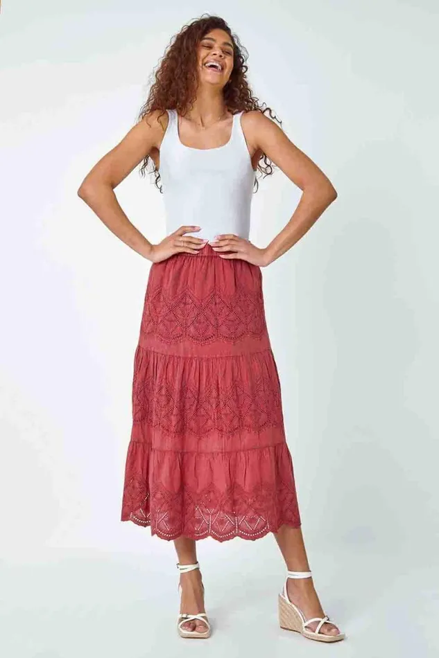 Rust Broderie Elastic Waist A Line Tiered Midi Skirt Women Roman Skirts