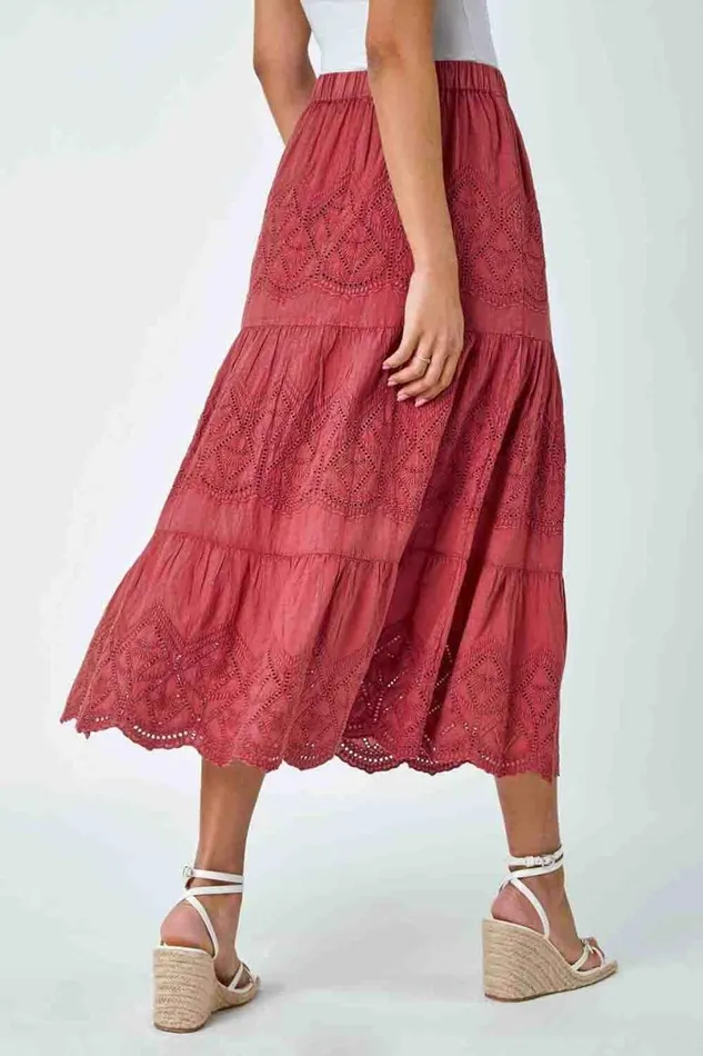 Rust Broderie Elastic Waist A Line Tiered Midi Skirt Women Roman Skirts