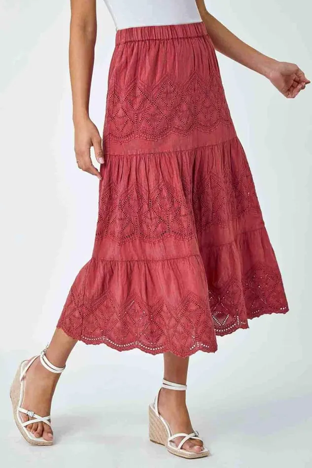 Rust Broderie Elastic Waist A Line Tiered Midi Skirt Women Roman Skirts