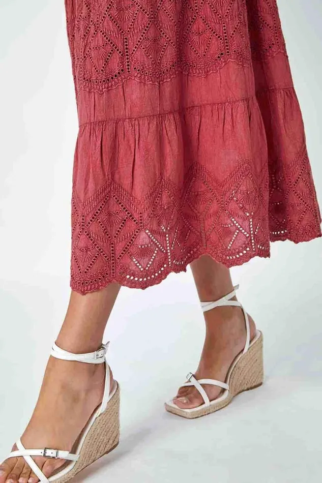 Rust Broderie Elastic Waist A Line Tiered Midi Skirt Women Roman Skirts