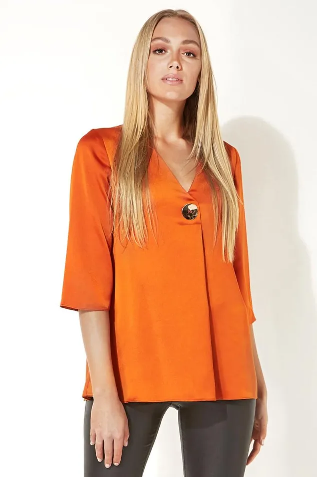 Rust Button 34 Sleeve Oversized Top Women Roman Tops