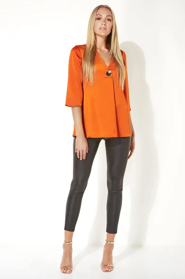 Rust Button 34 Sleeve Oversized Top Women Roman Tops