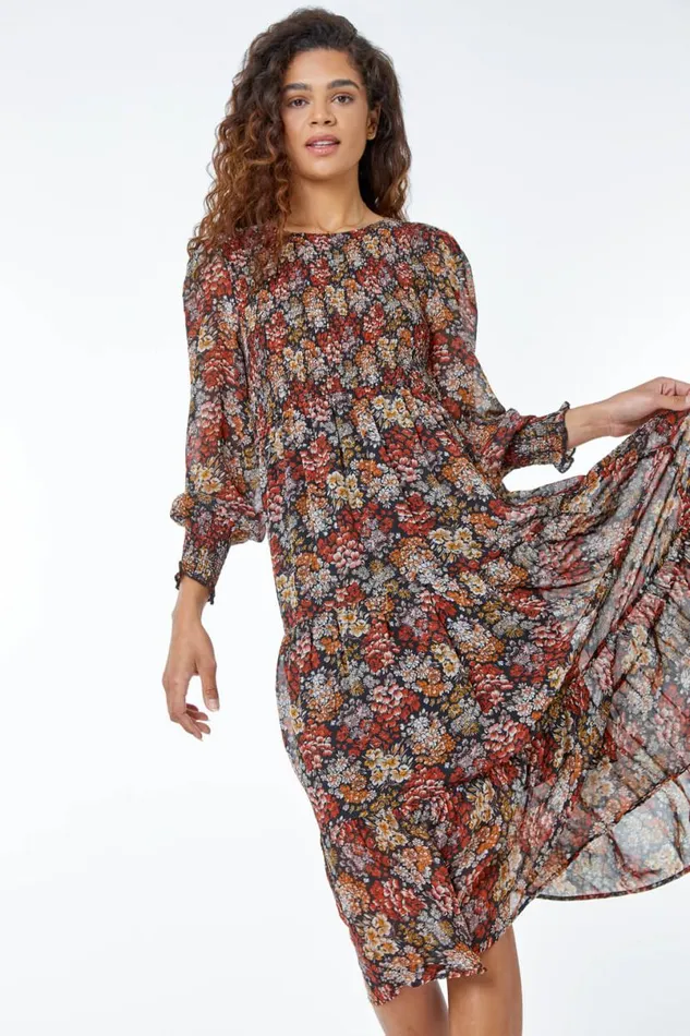 Rust Floral Print Tiered Shirred Midi Dress Women Roman Dresses