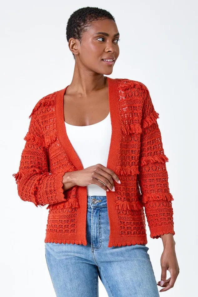 Rust Fringe Detail Scalloped Cotton Blend Cardigan Women Roman Knitwear