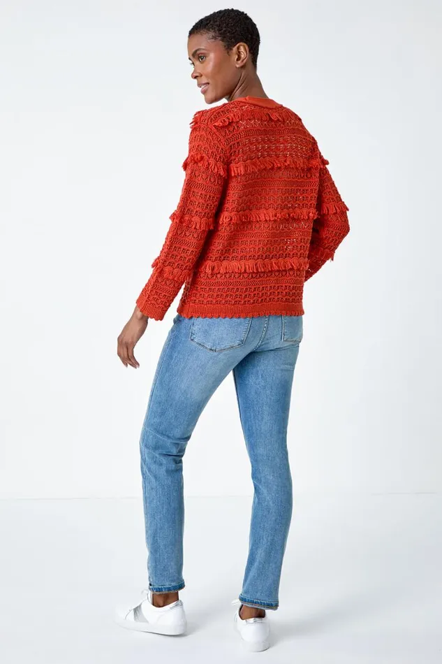 Rust Fringe Detail Scalloped Cotton Blend Cardigan Women Roman Knitwear