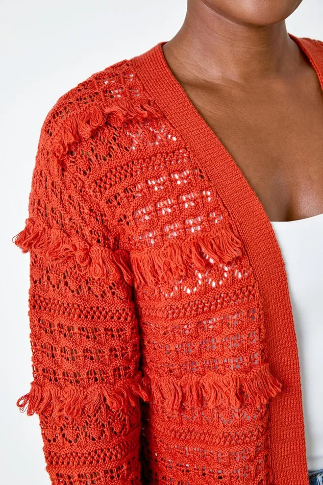Rust Fringe Detail Scalloped Cotton Blend Cardigan Women Roman Knitwear
