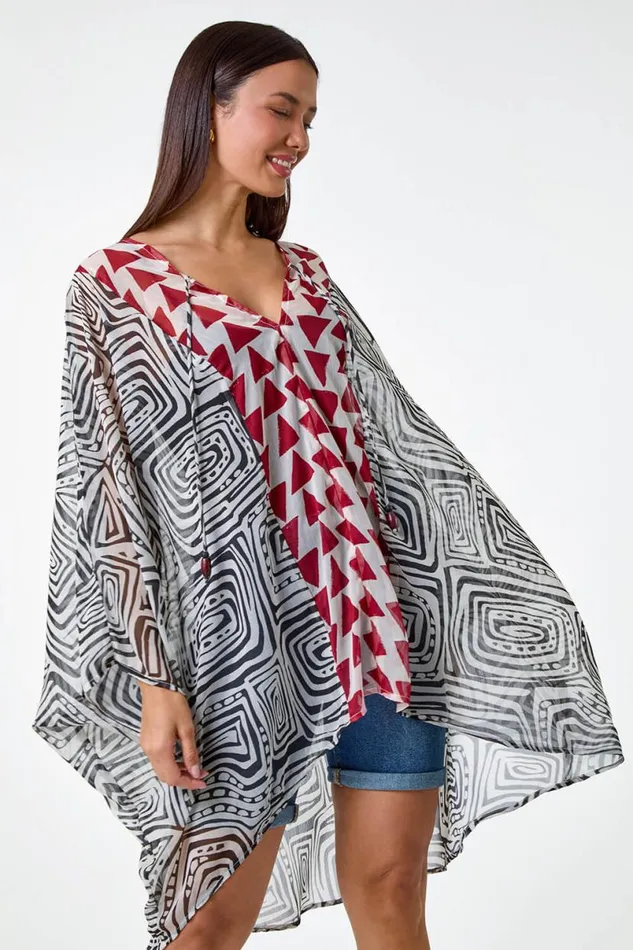 Rust Geometric Print Tie Detail Kaftan Women Roman Tops