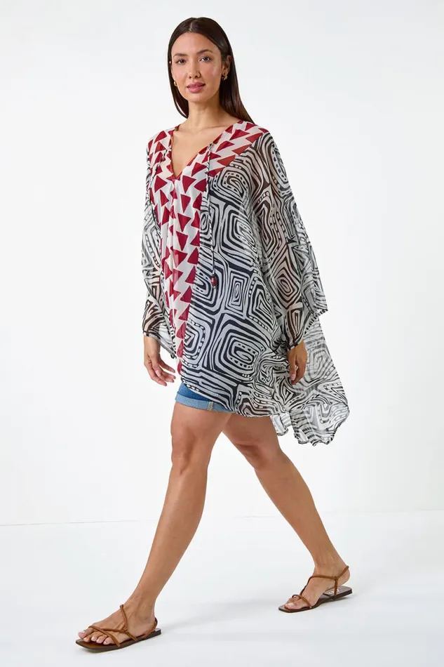 Rust Geometric Print Tie Detail Kaftan Women Roman Tops