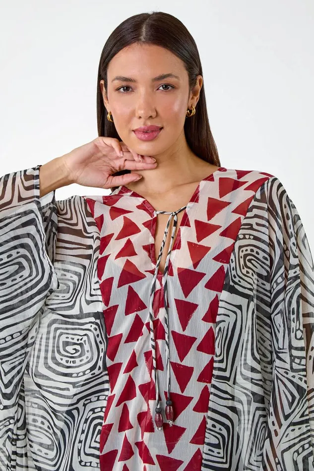Rust Geometric Print Tie Detail Kaftan Women Roman Tops