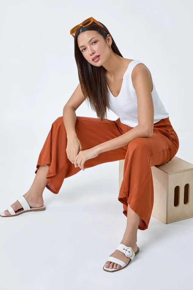 Rust Linen Blend Elastic Waist Cropped Culottes Women Roman Trousers