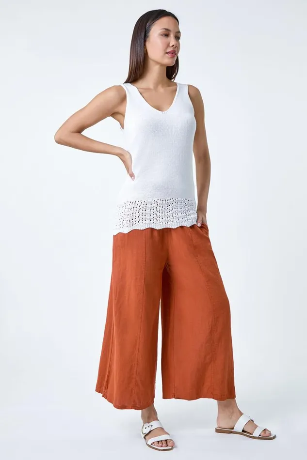 Rust Linen Blend Elastic Waist Cropped Culottes Women Roman Trousers