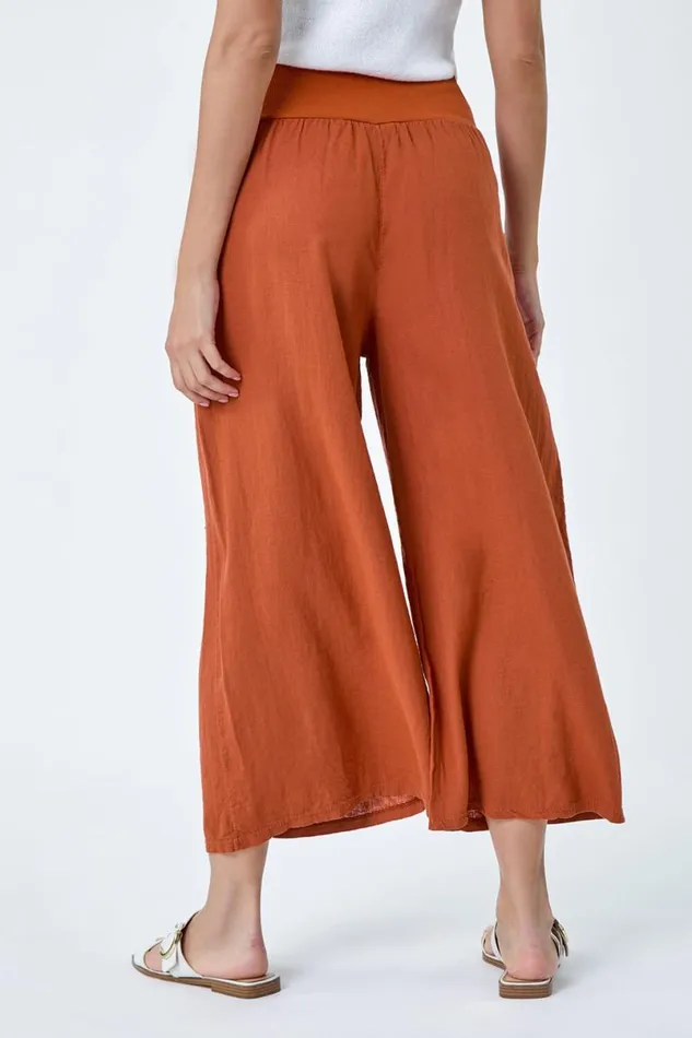 Rust Linen Blend Elastic Waist Cropped Culottes Women Roman Trousers