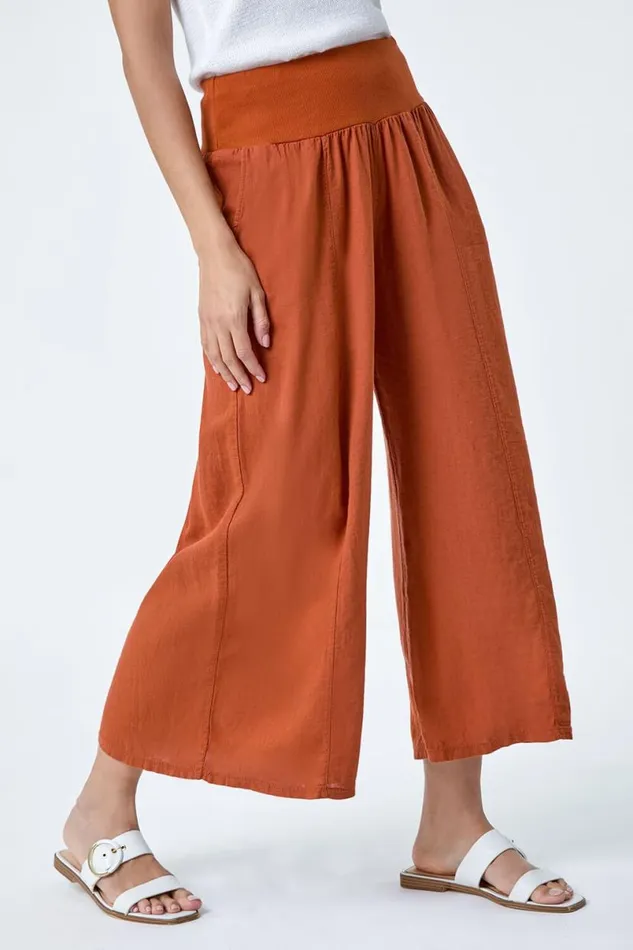 Rust Linen Blend Elastic Waist Cropped Culottes Women Roman Trousers