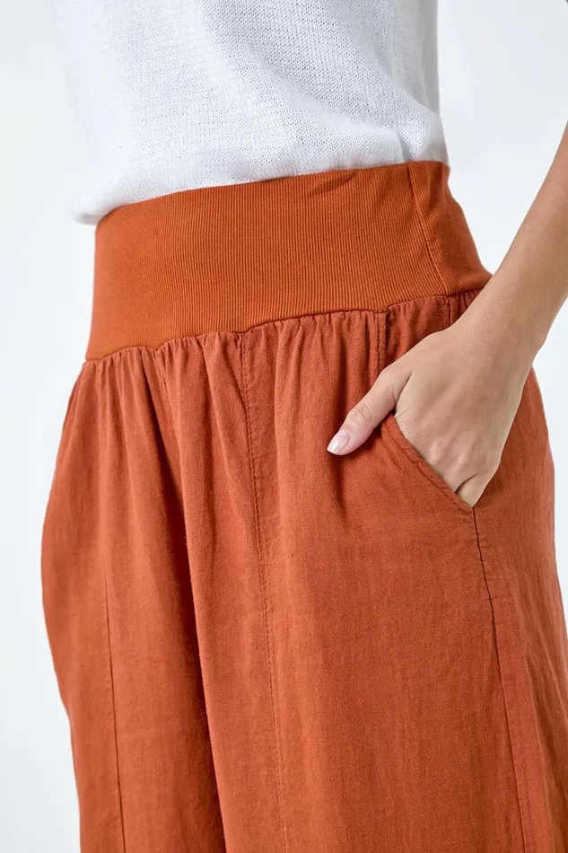 Rust Linen Blend Elastic Waist Cropped Culottes Women Roman Trousers