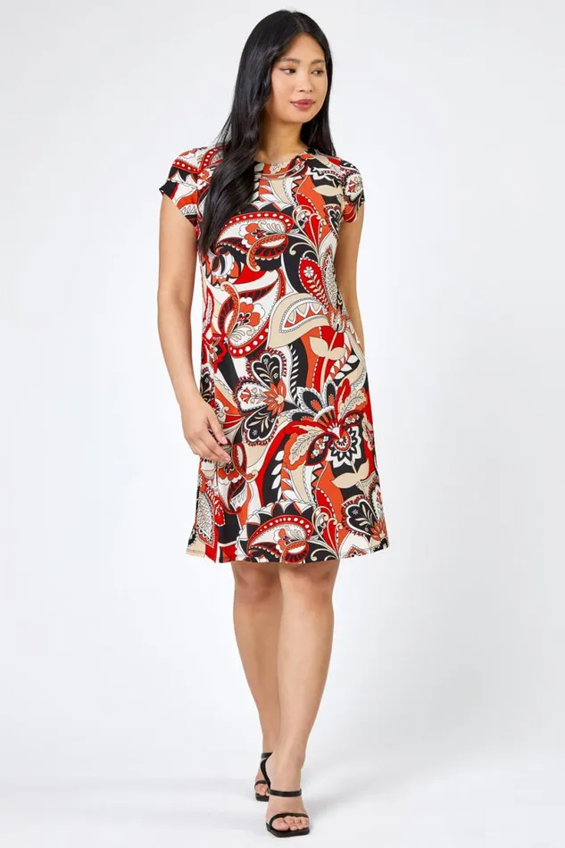 Rust Petite Paisley Print Necklace Shift Dress Women Roman Dresses