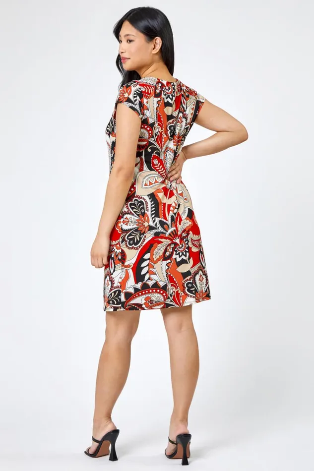 Rust Petite Paisley Print Necklace Shift Dress Women Roman Dresses