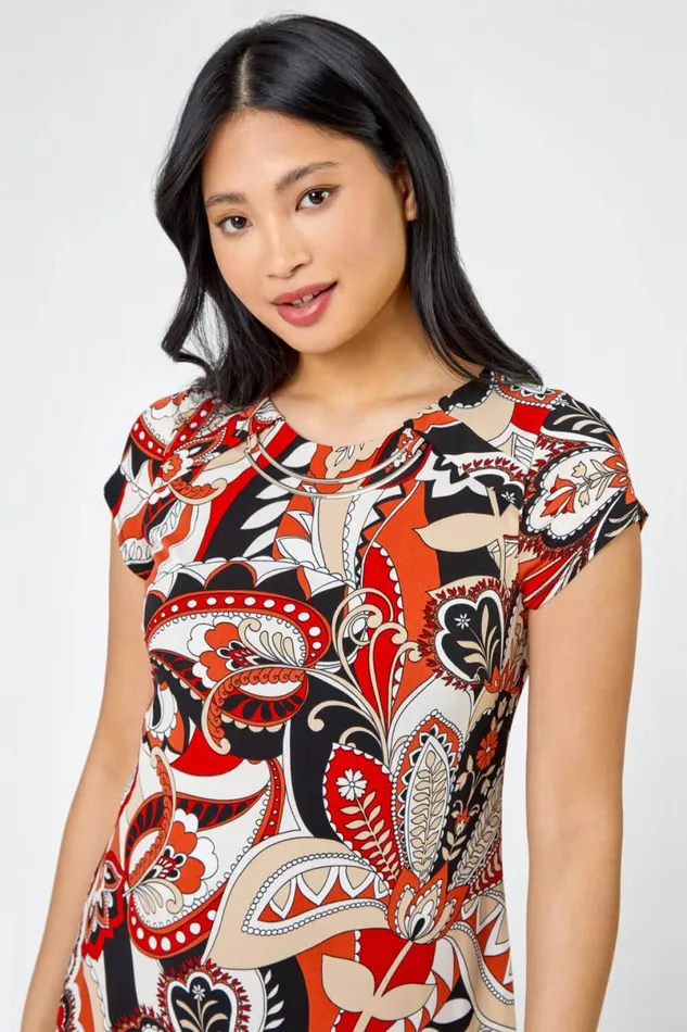 Rust Petite Paisley Print Necklace Shift Dress Women Roman Dresses