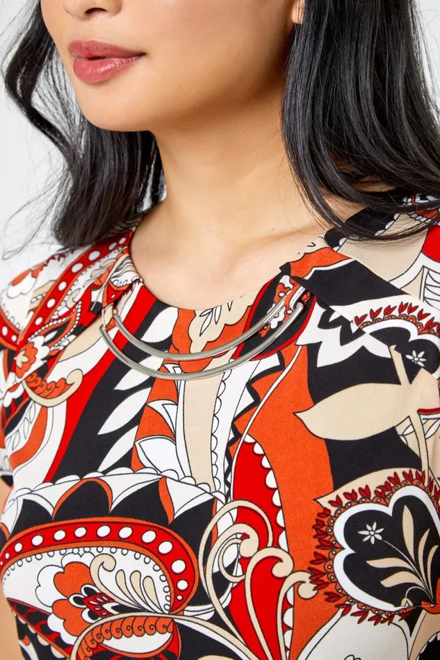 Rust Petite Paisley Print Necklace Shift Dress Women Roman Dresses