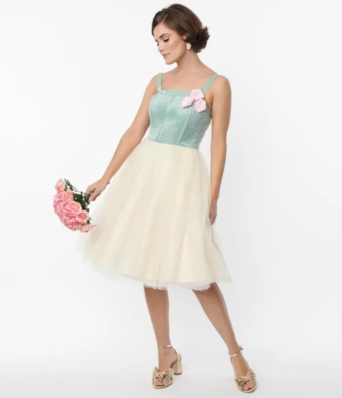Sage and Ivory Tulle Swing Dress Dresses Unique Vintage Fit and Flare