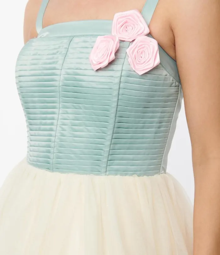 Sage and Ivory Tulle Swing Dress Dresses Unique Vintage Fit and Flare