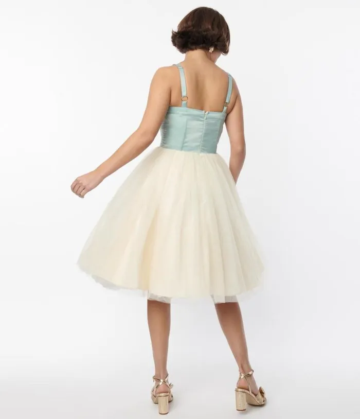 Sage and Ivory Tulle Swing Dress Dresses Unique Vintage Fit and Flare