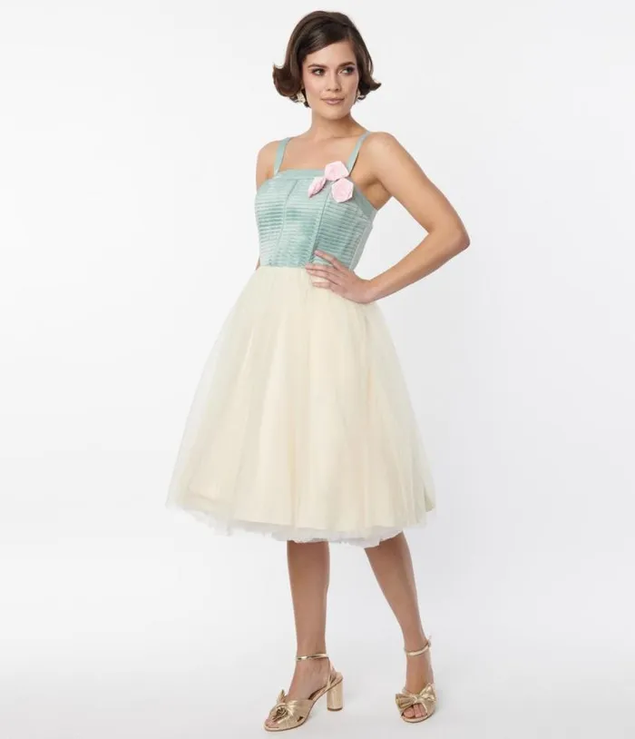 Sage and Ivory Tulle Swing Dress Dresses Unique Vintage Fit and Flare