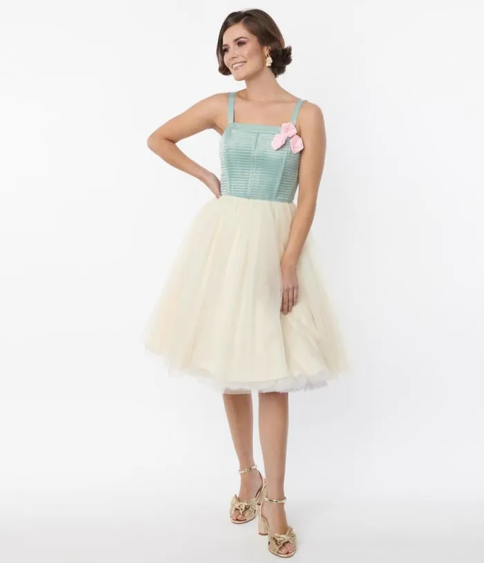 Sage and Ivory Tulle Swing Dress Dresses Unique Vintage Fit and Flare